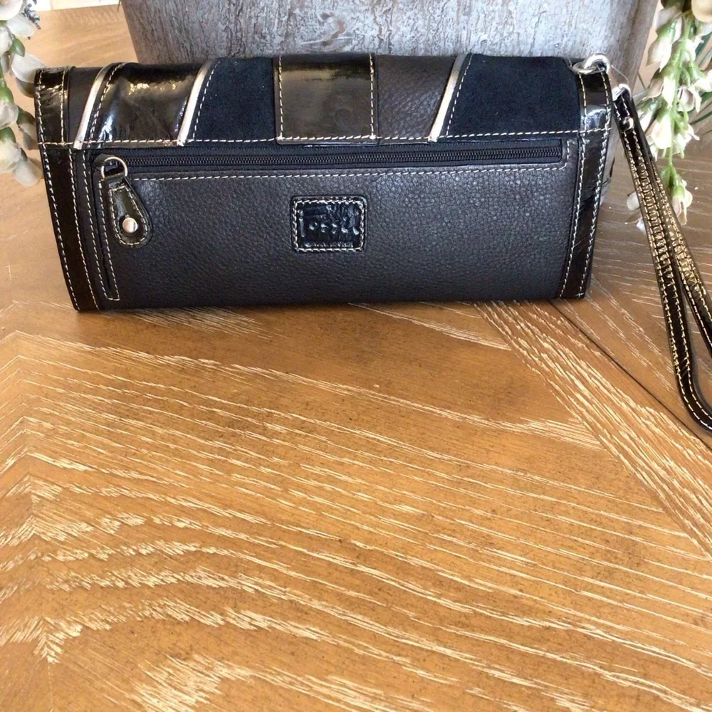 Fossil Womens Black Leather Buckle Front Clutch Wristlet Fold Over Wallet